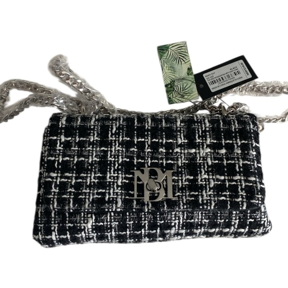 Badgley Mischka Black and White Tweed Bag with Silver Chain NWT - Picture 5 of 8